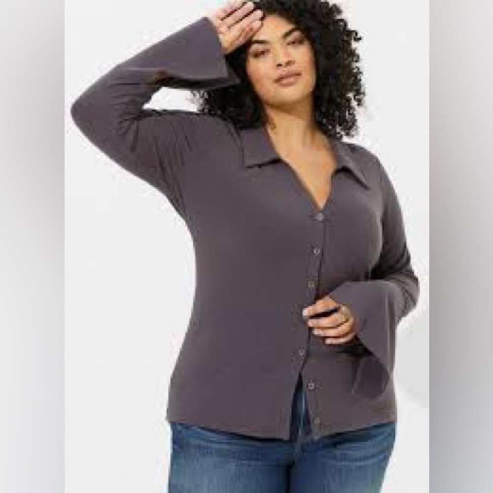 Super Soft Rib Button Front Flared Long Sleeve Top